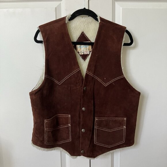 Vintage Casa Mercado Fashions Suede Vest Mens 44 Brown Leather Sherpa Lined SW - Picture 1 of 13
